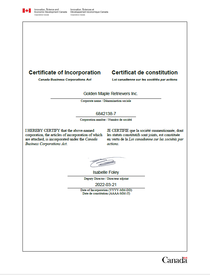 Golden Maple Retrievers Registration Document